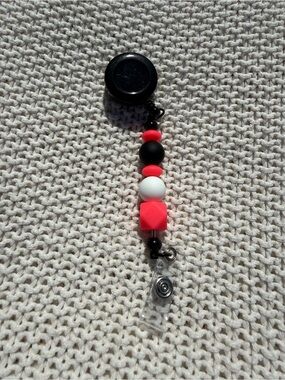 Beaded Badge Reel with Black, White & Neon Pink Beads